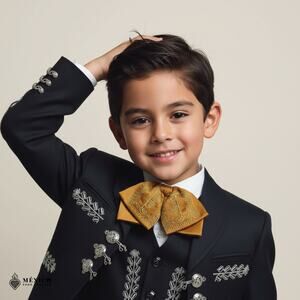 Gold Mexican Kids Embroidered Charro Moño – Traditional Baby Mariachi Bow